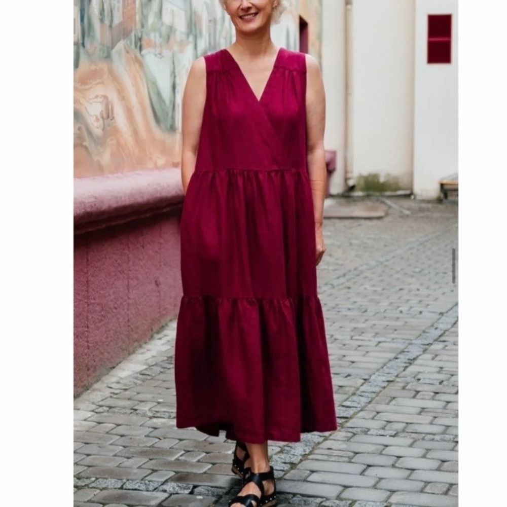 Yuvita 100% Linen Slip On Sleeveless Panel Tiered Maxi Dress Pockets Lagenlook M